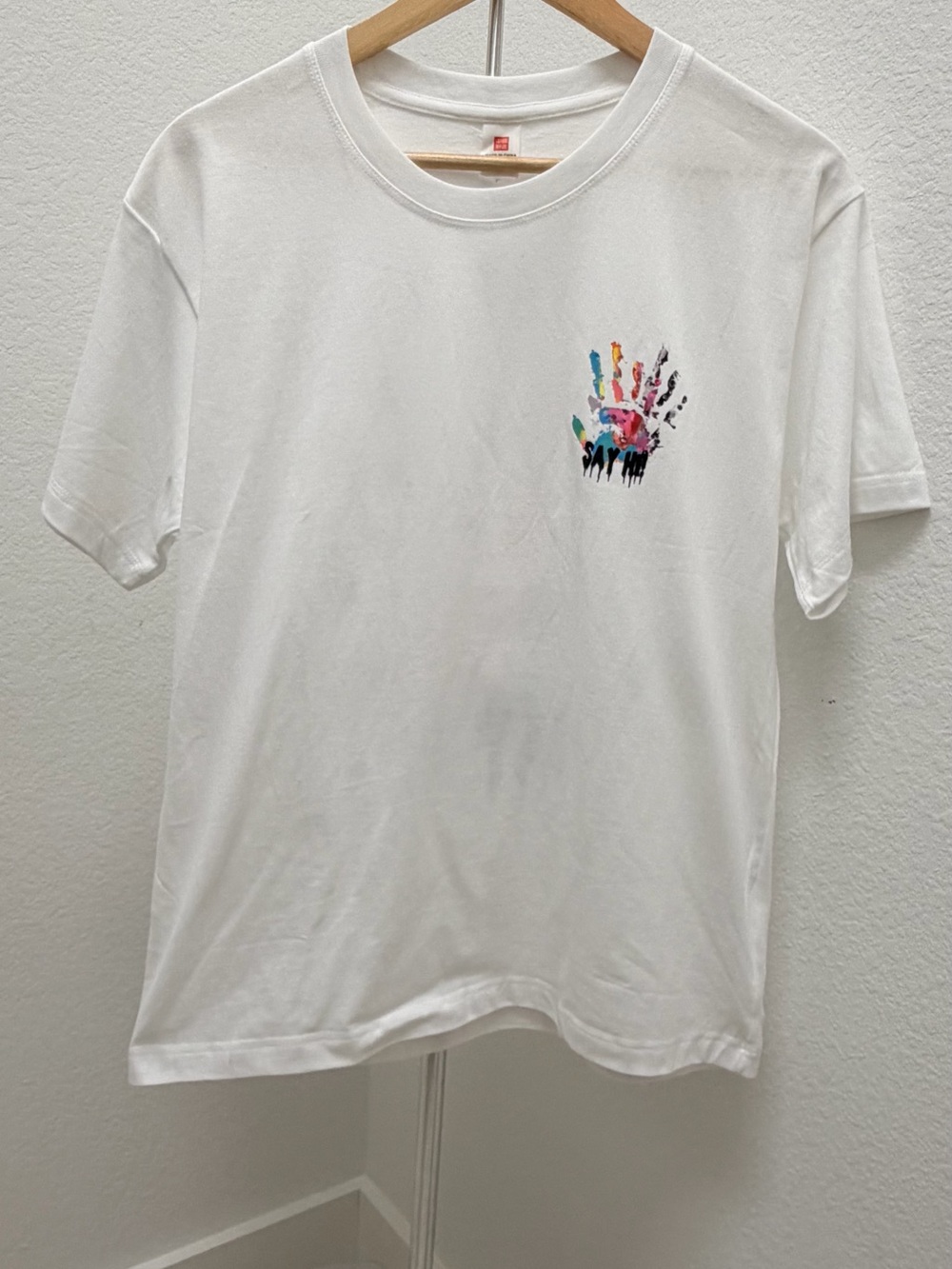 White Short-Sleeve Tee with Multicolor Handprint Detail